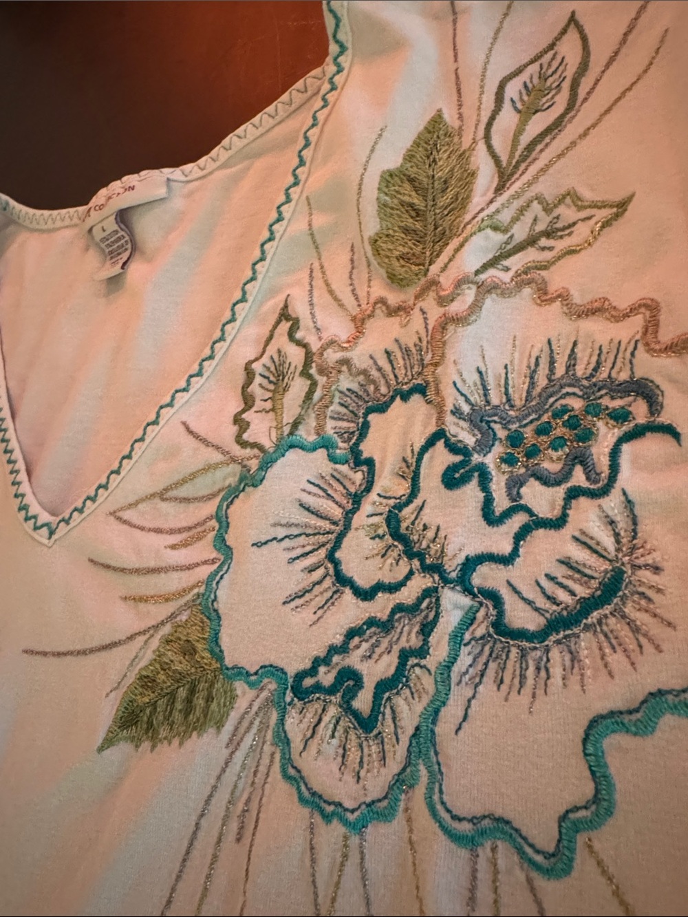 JM Collection White V-Neck Tee with Teal Floral Embroidery - Picture 3 of 8